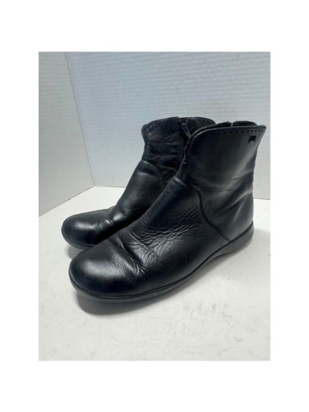 Camper Peu Cami Black Leather Ankle Boots Side Zip Minimalist Womens 37 6.5